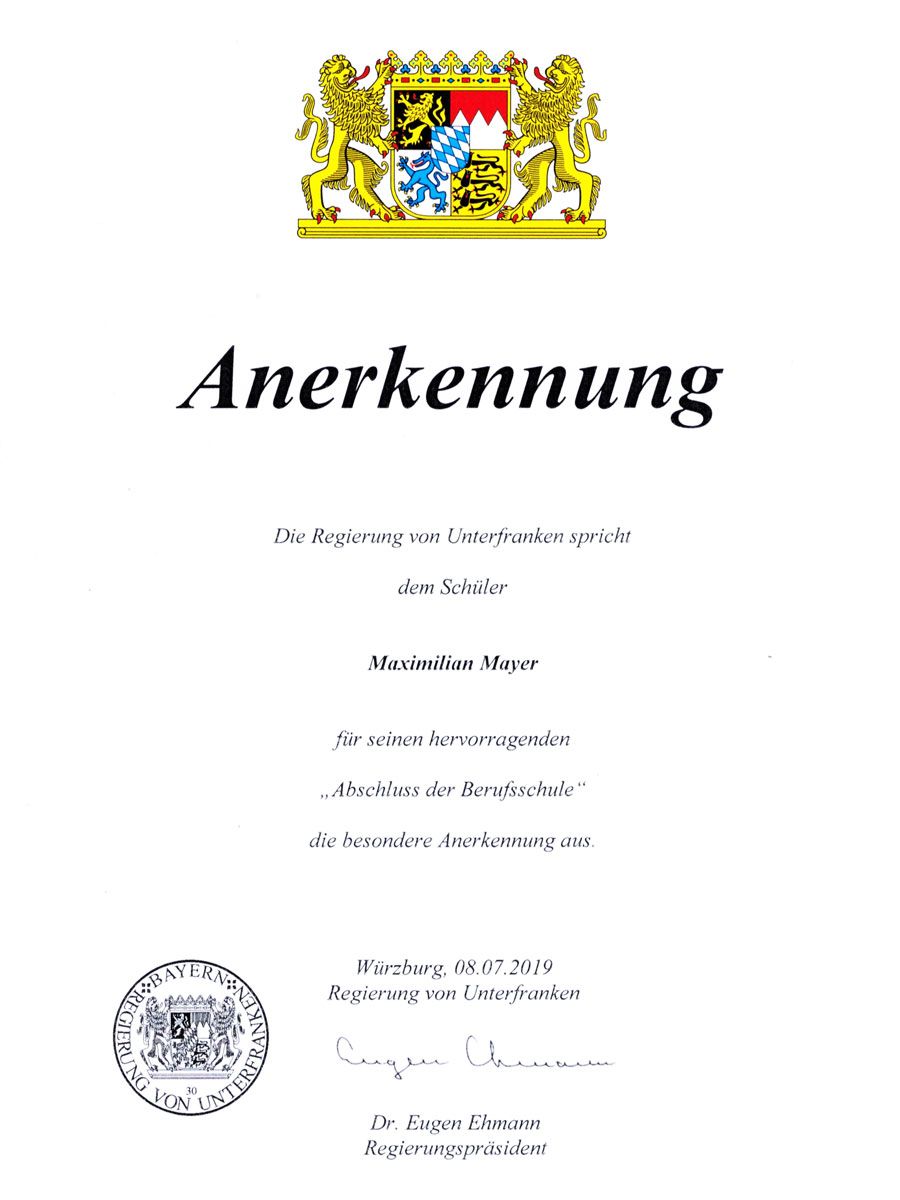 Maximilian Mayer Schneidwerkzeugmechaniker Anerkennung Berufsschule