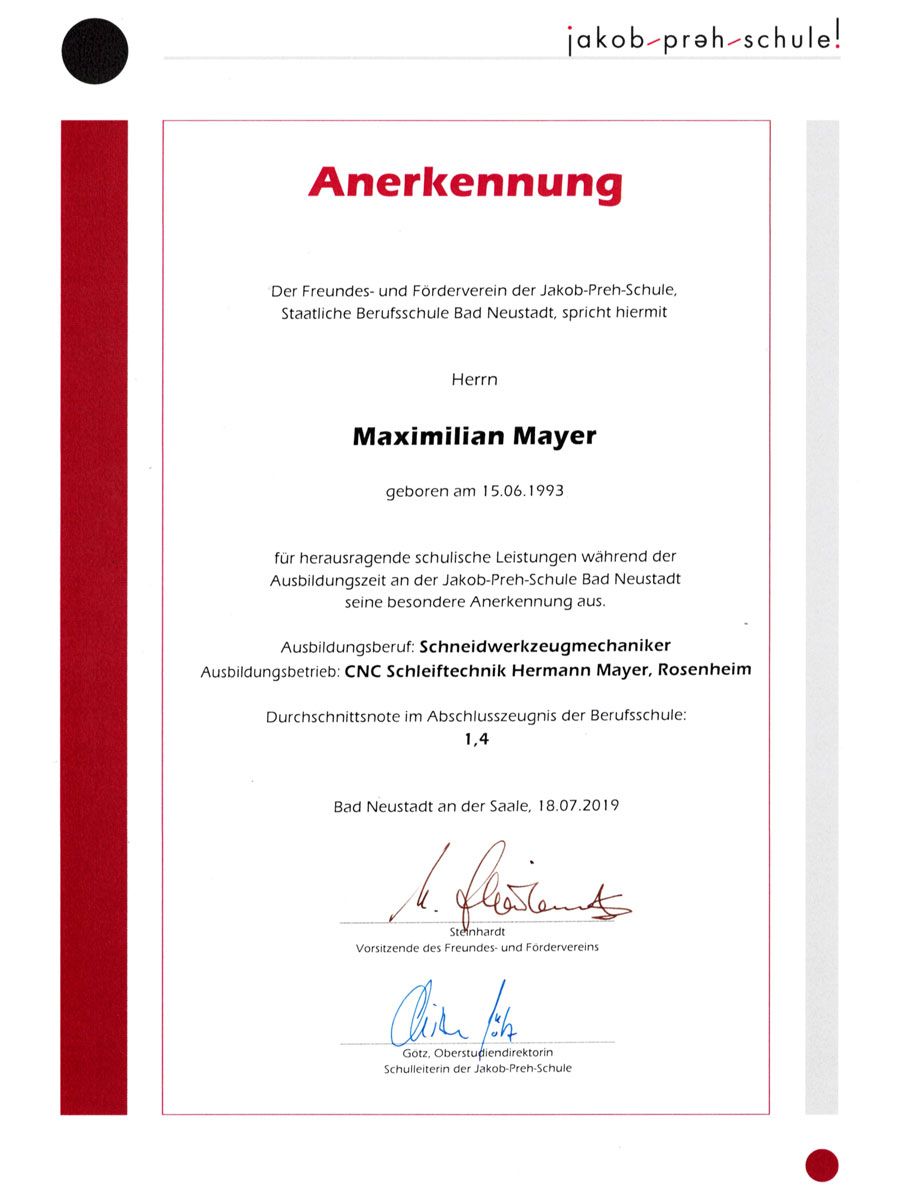 Maximilian Mayer Schneidwerkzeugmechaniker Anerkennung Berufsschule 2